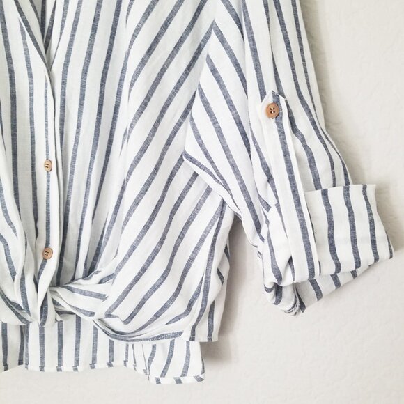 Zara Striped Linen Blend Knotted Twist Front Button Front Shirt Size S White - Picture 14 of 16